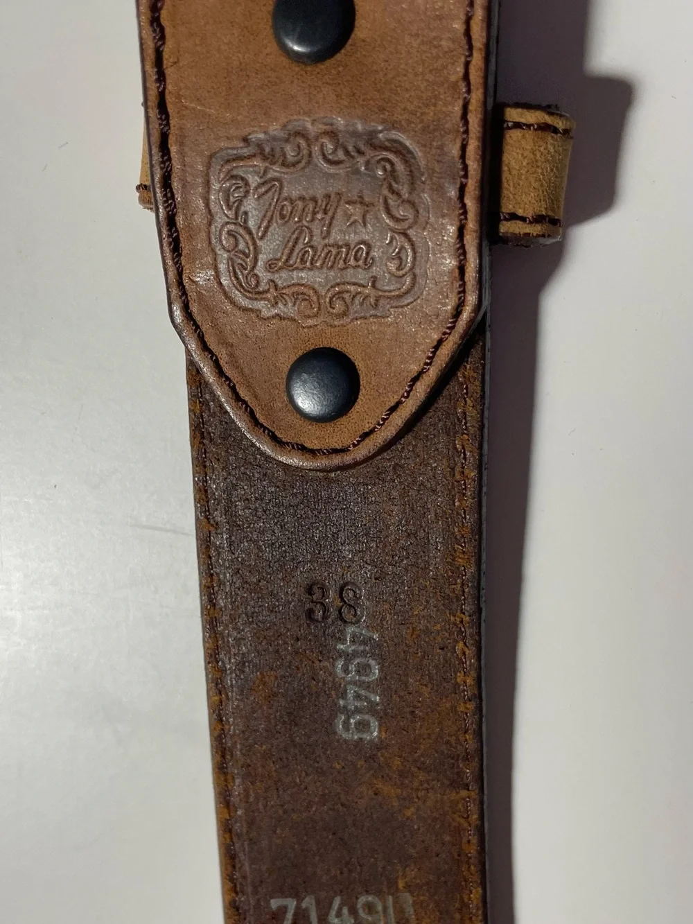 Tony Lama Brown Leather Whipstitch Belt Silver Etched Buckle Medallions 38